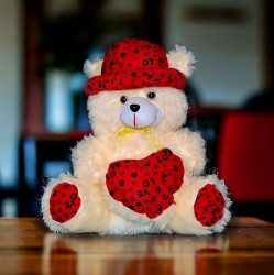 Adorable Cream Teddy Bear with Red Hat