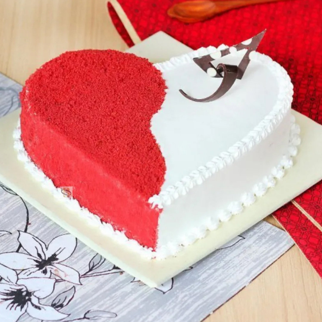 Heart Shaped Red Velvet Cake & Red Rose on Love Stand